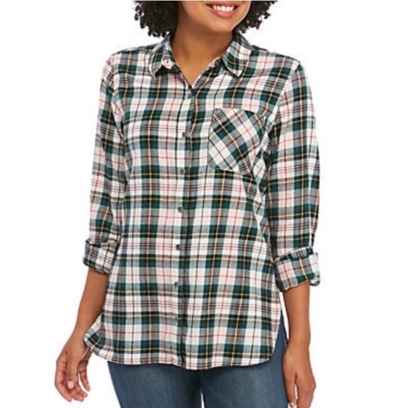True Craft Tops - NWT 🥾🌲 TRUE CRAFT 100% COTTON GREEN/PINK PLAID BUTTON DOWN SHIRT Womens Junior M